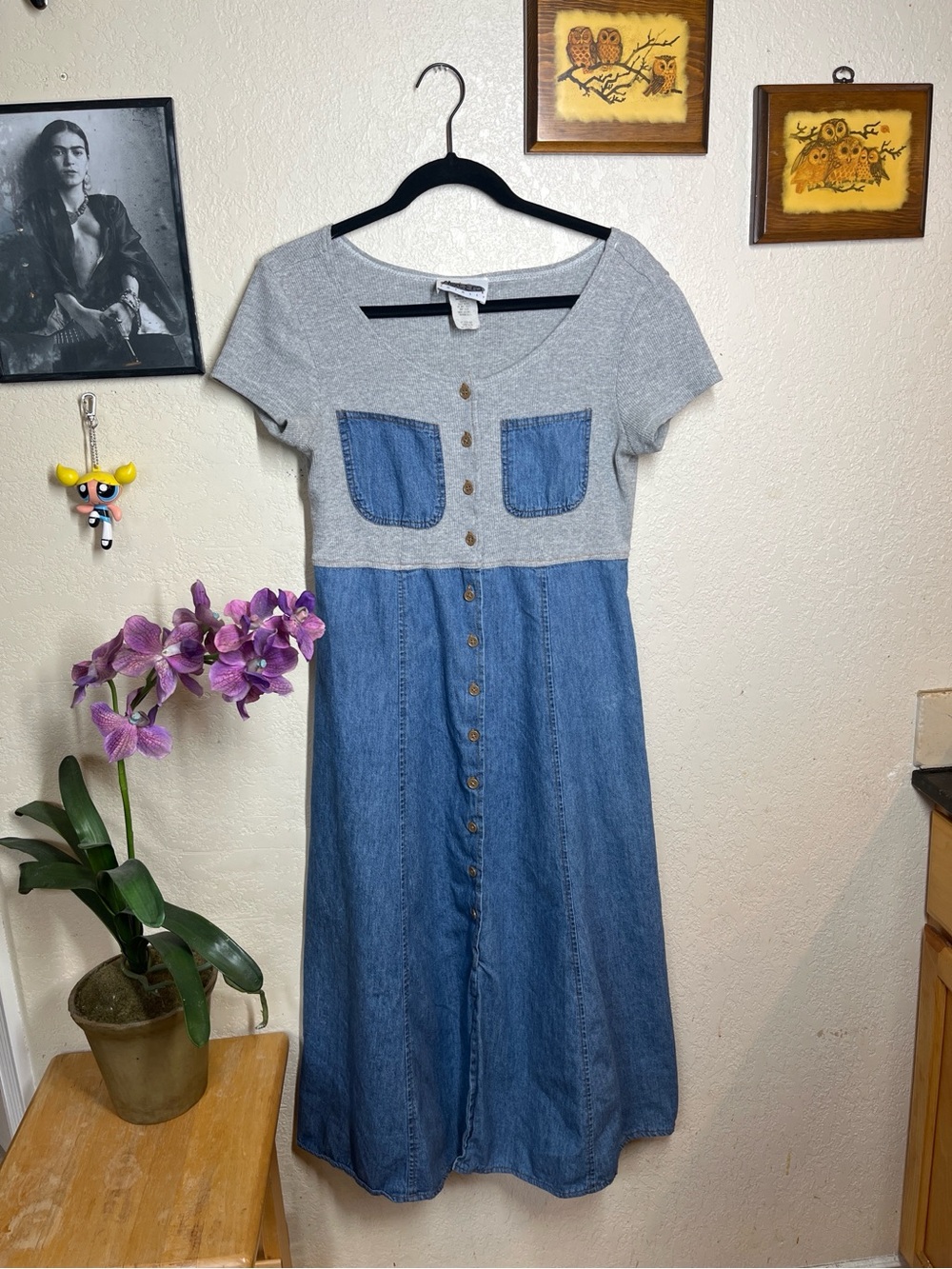 Next Era Gray Knit Top with Blue Denim Button-Front Midi Dress